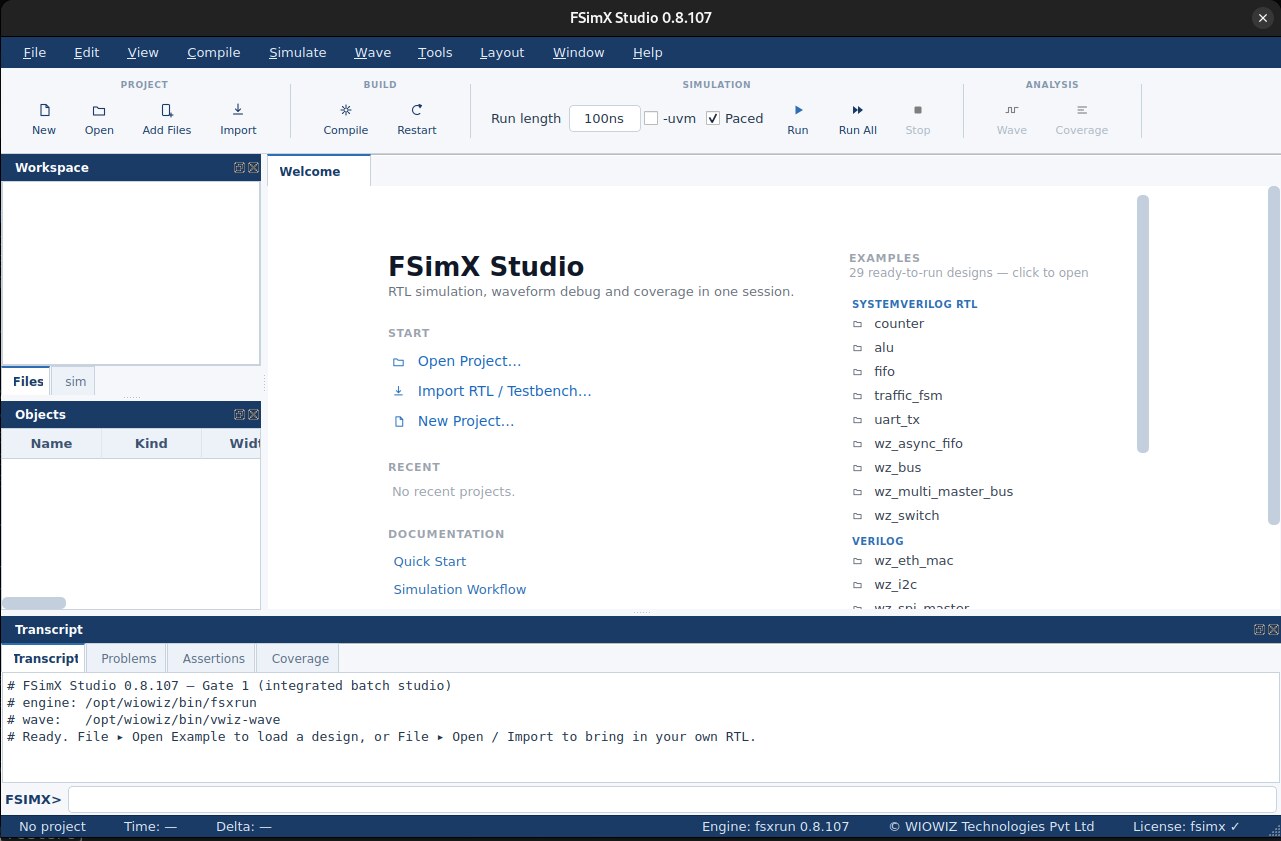 FSimX Studio interface: workspace, objects, source and transcript panes