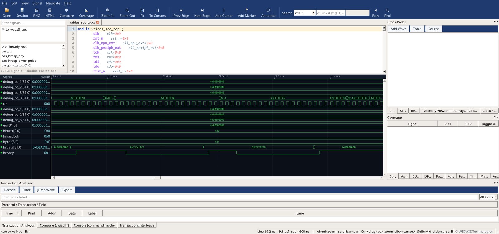 vWIZ-Wave waveform debugger with source, waveform canvas, cross-probe and transaction analyzer