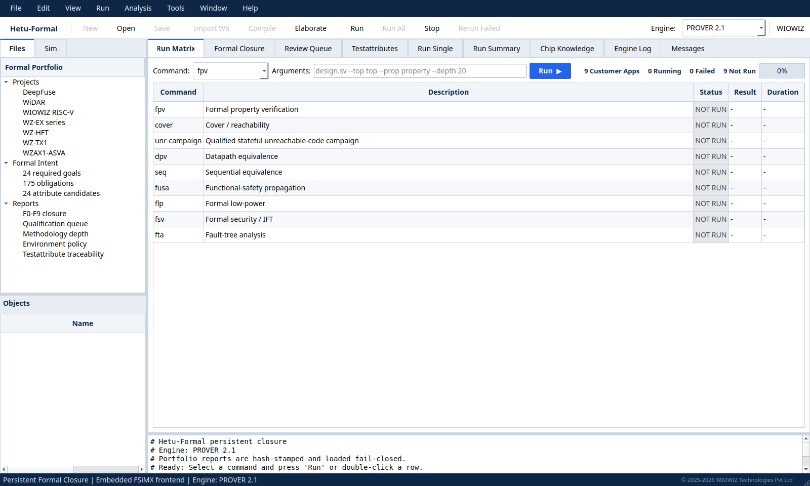 Hetu Formal Studio on Linux with command, arguments, Run and Stop controls