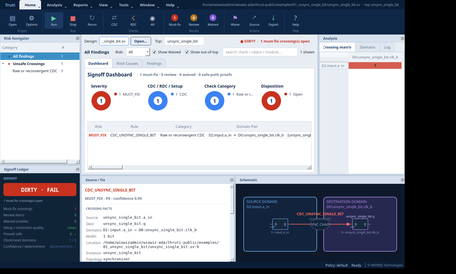 Truti Linux GUI showing a CDC must-fix finding and crossing schematic